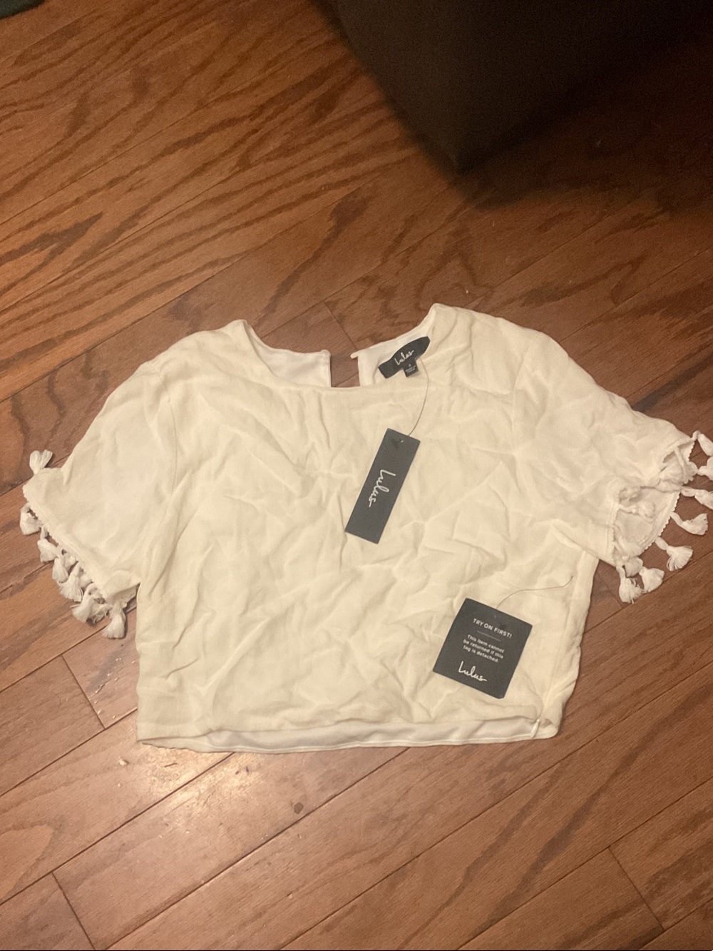 Lulu's Ivory Tassel-Sleeve Crop Top